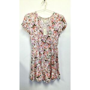 NWT No Comment Womens Pink Floral V-Neck Flutter Sleeve Mini‎ Dress Size Large